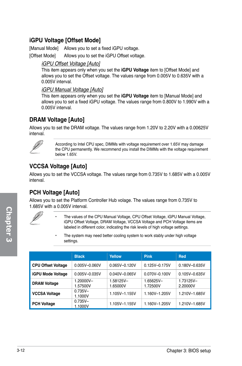Chapter 3, Igpu voltage [offset mode, Dram voltage [auto | Vccsa voltage [auto, Pch voltage [auto, Igpu offset voltage [auto, Igpu manual voltage [auto | Asus P8Z77-V LK User Manual | Page 74 / 154
