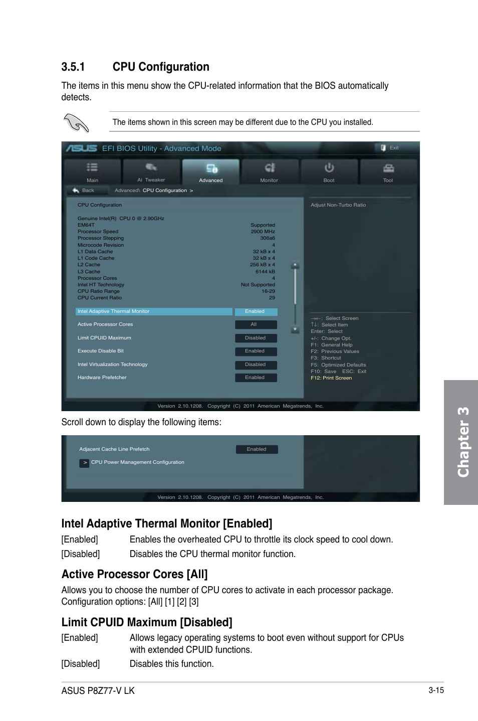 1 cpu configuration, Cpu configuration -15, Chapter 3 | Intel adaptive thermal monitor [enabled, Active processor cores [all, Limit cpuid maximum [disabled, Asus p8z77-v lk, Scroll down to display the following items | Asus P8Z77-V LK User Manual | Page 77 / 154