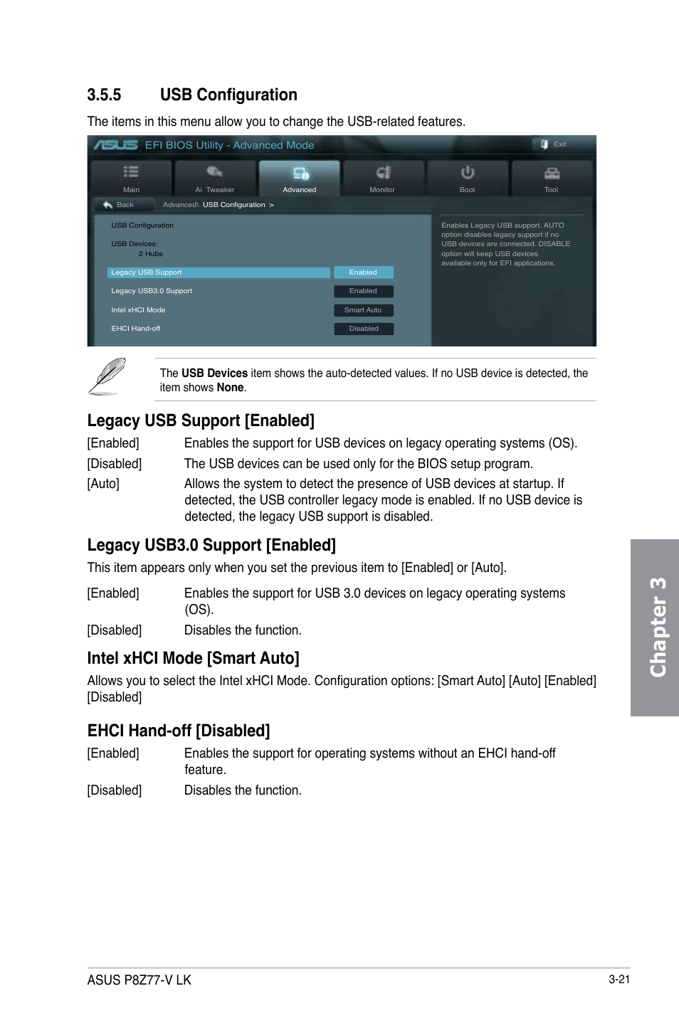 5 usb configuration, Usb configuration -21, Chapter 3 | Legacy usb support [enabled, Legacy usb3.0 support [enabled, Intel xhci mode [smart auto, Ehci hand-off [disabled, Asus p8z77-v lk | Asus P8Z77-V LK User Manual | Page 83 / 154