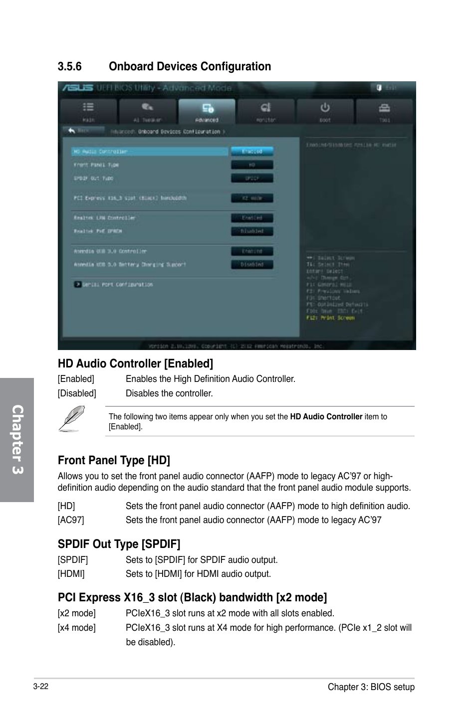 6 onboard devices configuration, Onboard devices configuration -22, Chapter 3 | Front panel type [hd, Spdif out type [spdif, Pci express x16_3 slot (black) bandwidth [x2 mode | Asus P8Z77-V LK User Manual | Page 84 / 154