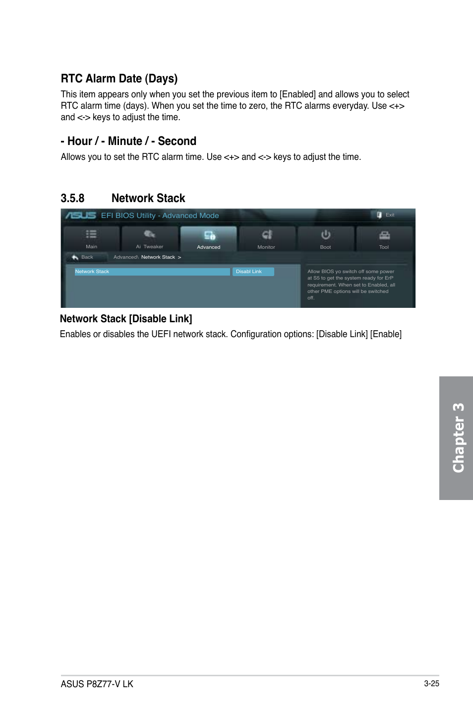 8 network stack, Network stack -25, Chapter 3 | Rtc alarm date (days), Hour / - minute / - second, Network stack [disable link, Asus p8z77-v lk | Asus P8Z77-V LK User Manual | Page 87 / 154