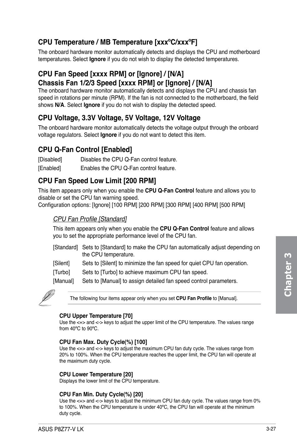Chapter 3, Cpu temperature / mb temperature [xxxºc/xxxºf, Cpu q-fan control [enabled | Cpu fan speed low limit [200 rpm | Asus P8Z77-V LK User Manual | Page 89 / 154