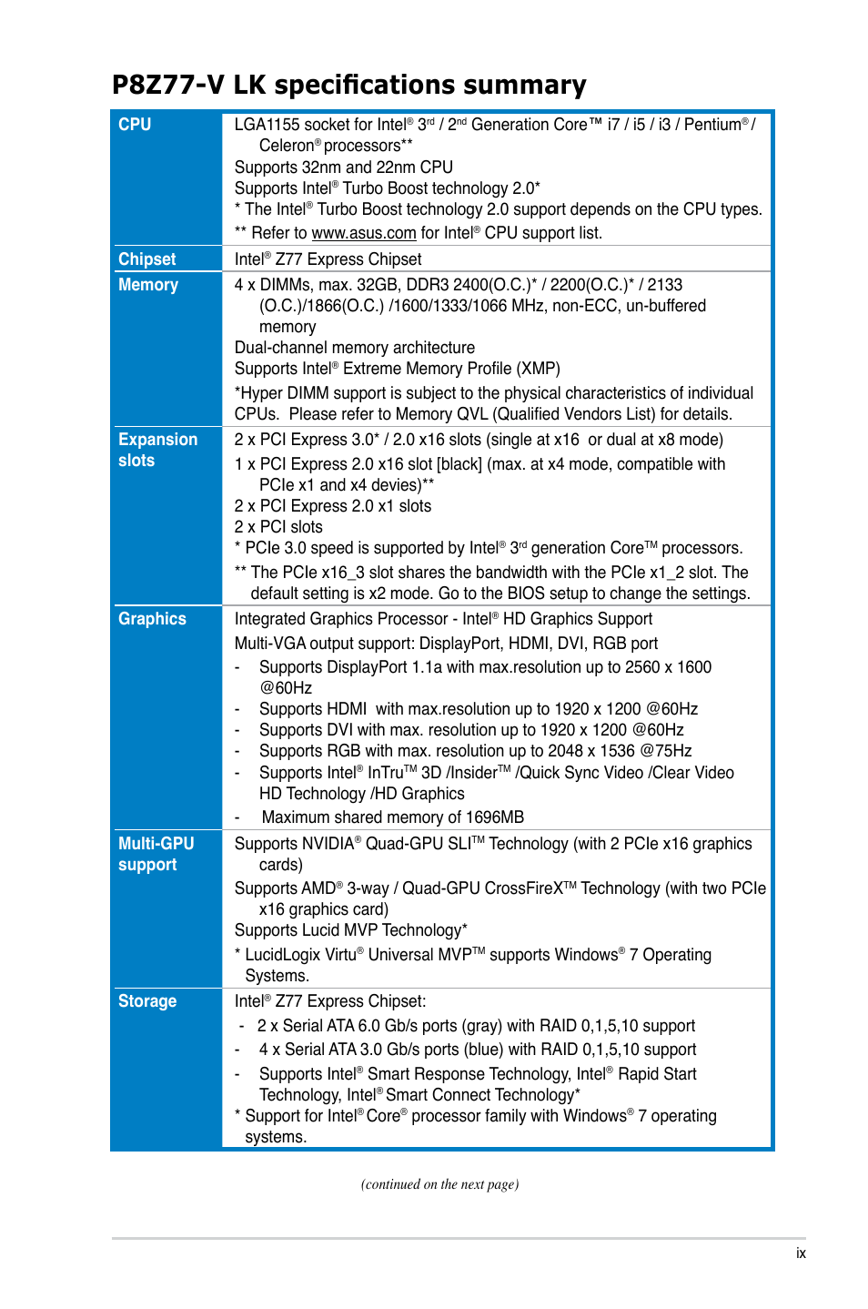P8z77-v lk specifications summary | Asus P8Z77-V LK User Manual | Page 9 / 154
