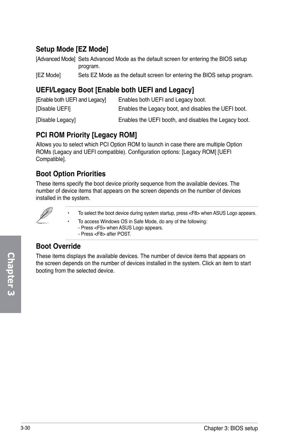 Chapter 3, Setup mode [ez mode, Uefi/legacy boot [enable both uefi and legacy | Pci rom priority [legacy rom, Boot option priorities, Boot override | Asus P8Z77-V LK User Manual | Page 92 / 154