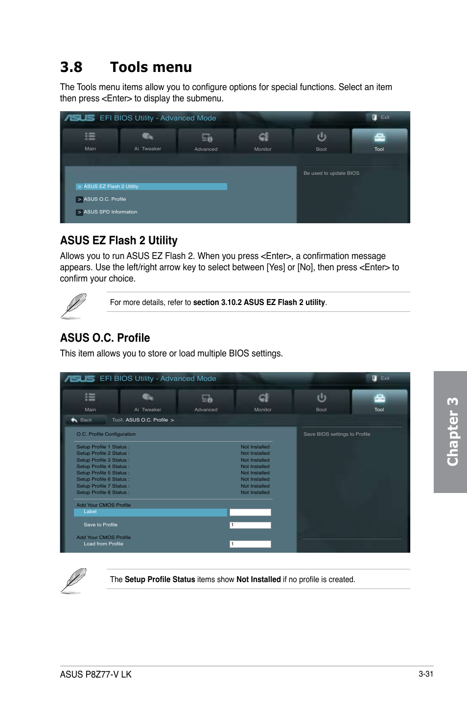 8 tools menu, Tools menu -31, Chapter 3 3.8 tools menu | Asus ez flash 2 utility, Asus o.c. profile, Asus p8z77-v lk | Asus P8Z77-V LK User Manual | Page 93 / 154