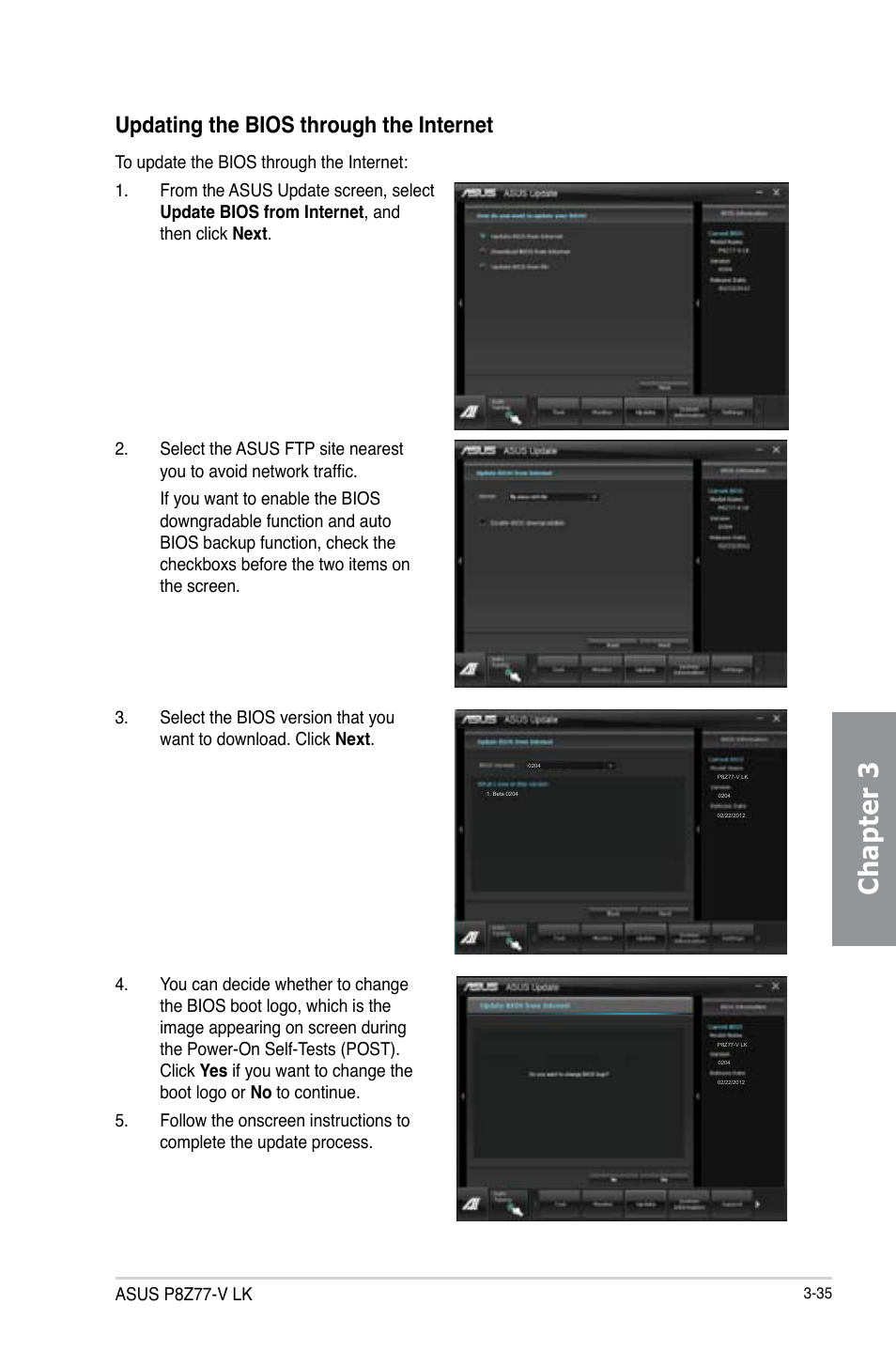 Chapter 3, Updating the bios through the internet | Asus P8Z77-V LK User Manual | Page 97 / 154