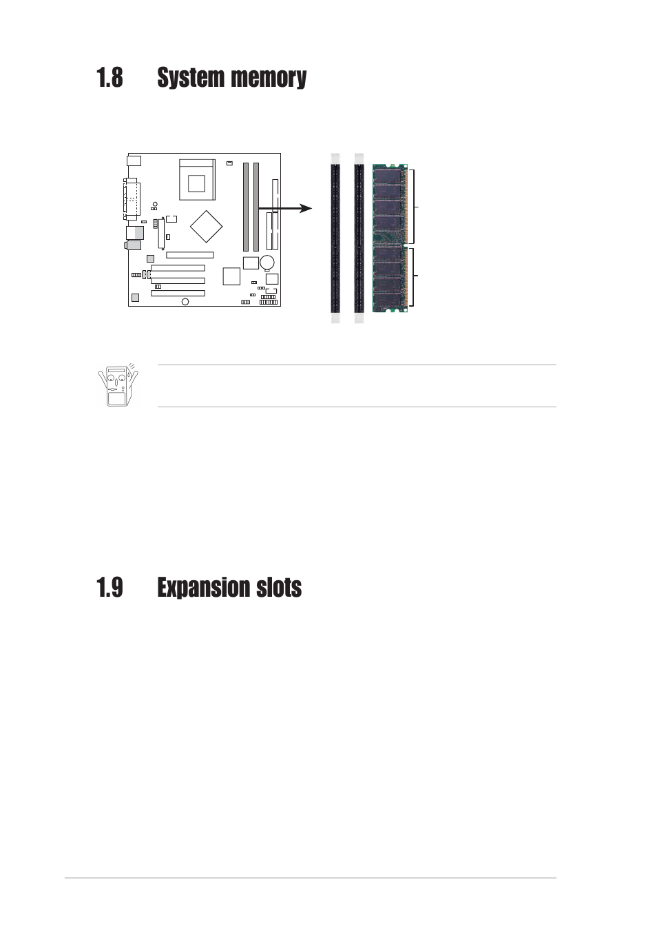 9 expansion slots, 1 configuring an expansion card, Installing a dimm | Asus A7N8X-VM/400 User Manual | Page 18 / 60