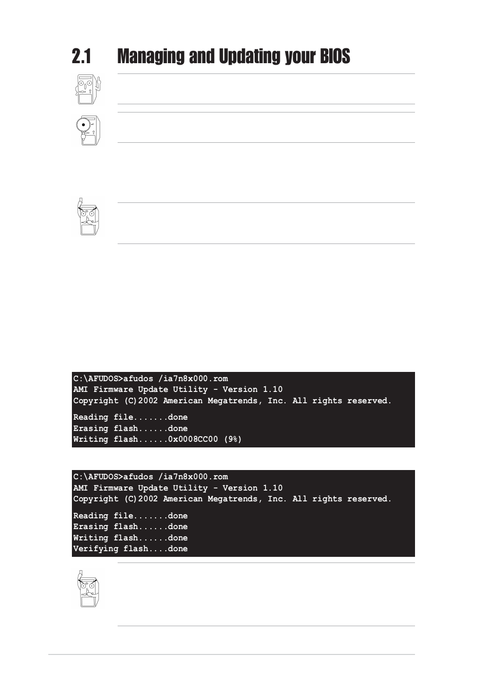 1 managing and updating your bios, 1 using afudos to update the bios | Asus A7N8X-VM/400 User Manual | Page 32 / 60