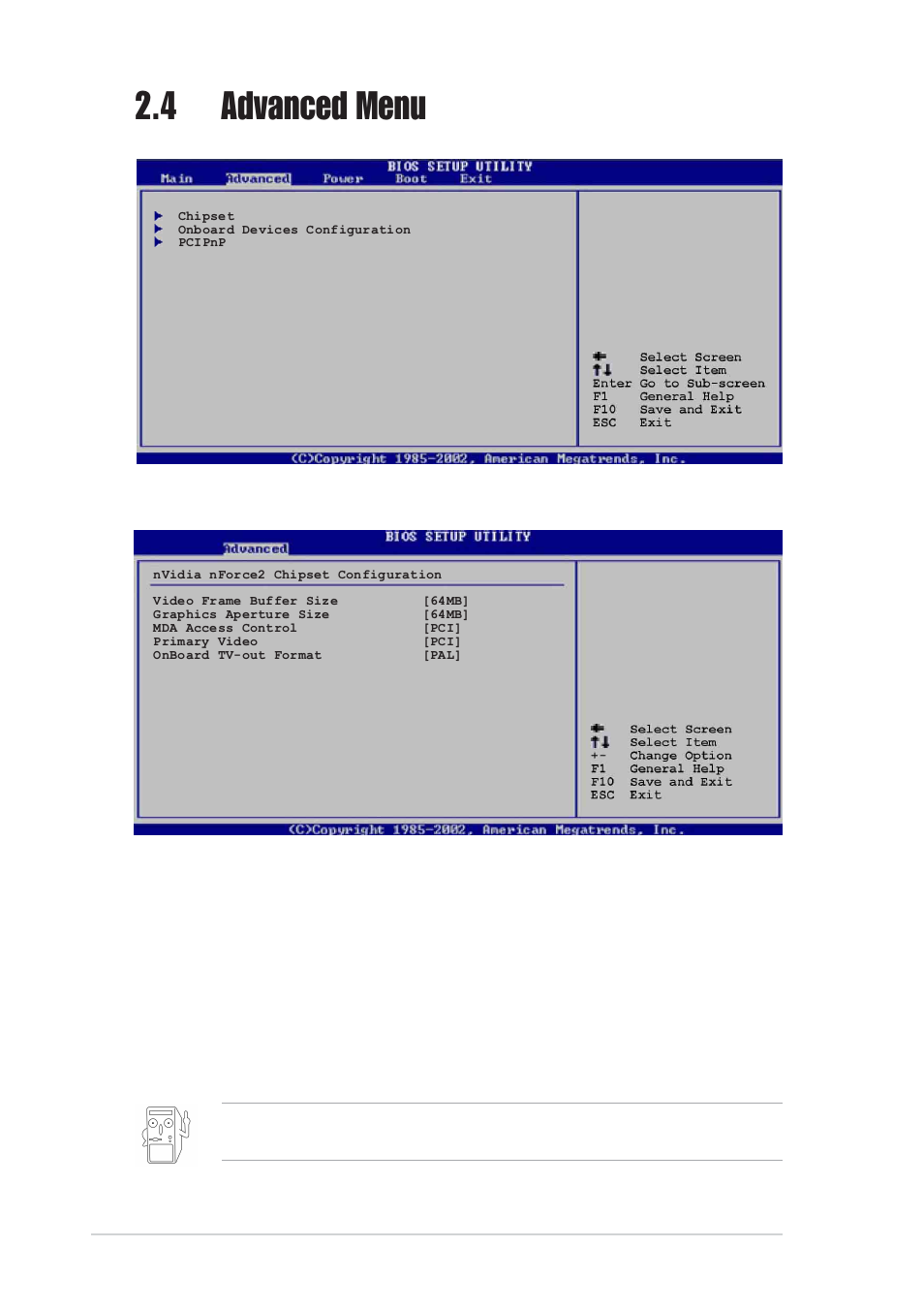 4 advanced menu, 1 chipset, Video frame buffer size [ 64mb | Graphics aperture size [ 64mb | Asus A7N8X-VM/400 User Manual | Page 38 / 60