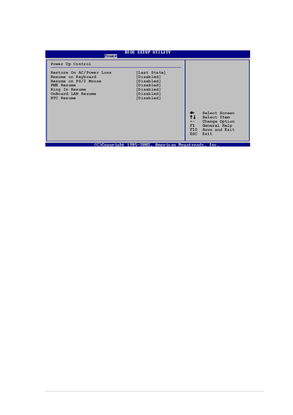 1 power up control, Restore on ac power loss [last state, Resume on keyboard [disabled | Resume on ps/2 mouse [disabled, Pme resume [disabled, Ring in resume [disabled | Asus A7N8X-VM/400 User Manual | Page 43 / 60