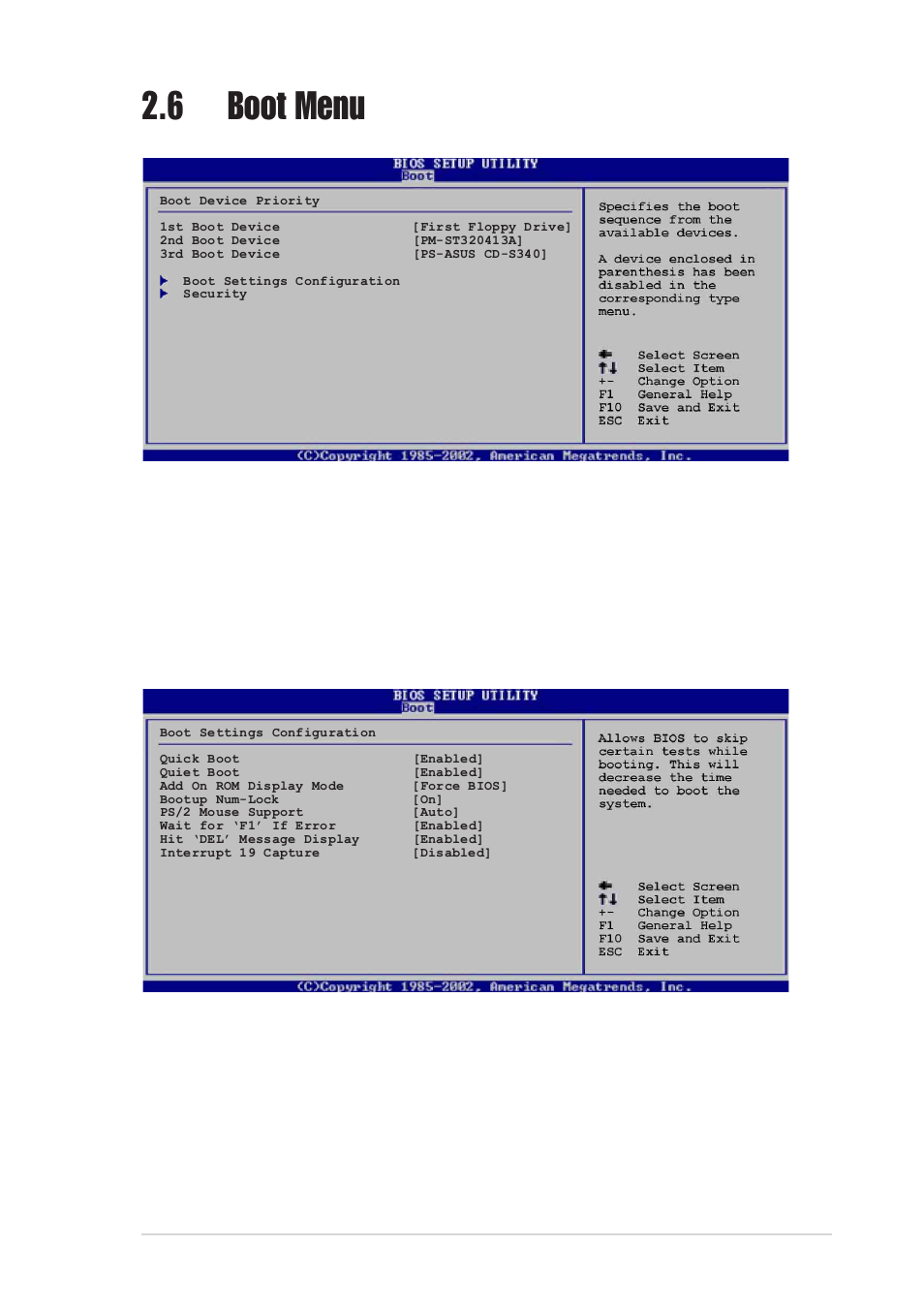 6 boot menu, 1 boot settings configuration, 1st, 2nd, 3rd boot device | Quick boot [enabled, Quiet boot [disabled | Asus A7N8X-VM/400 User Manual | Page 45 / 60