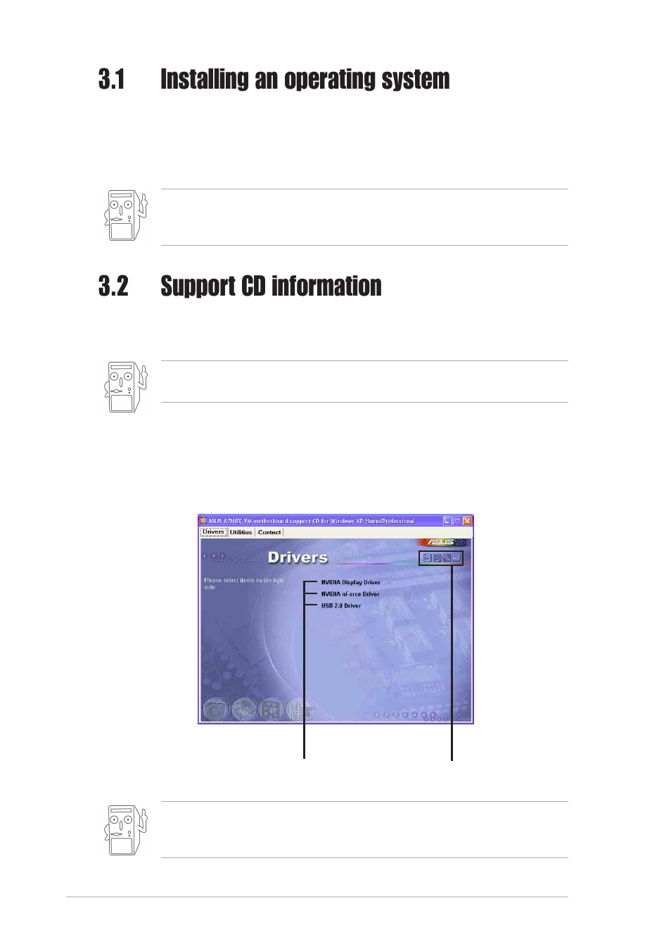 1 installing an operating system, 2 support cd information, 1 running the support cd | Asus A7N8X-VM/400 User Manual | Page 54 / 60