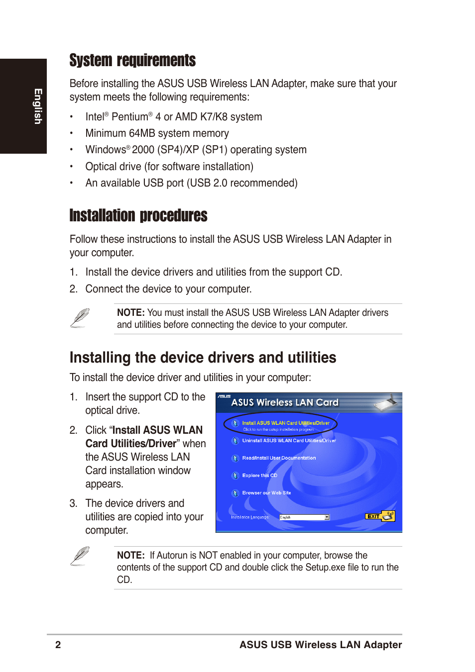 System requirements, Installation procedures, Installing the device drivers and utilities | Asus WL-160g User Manual | Page 2 / 10