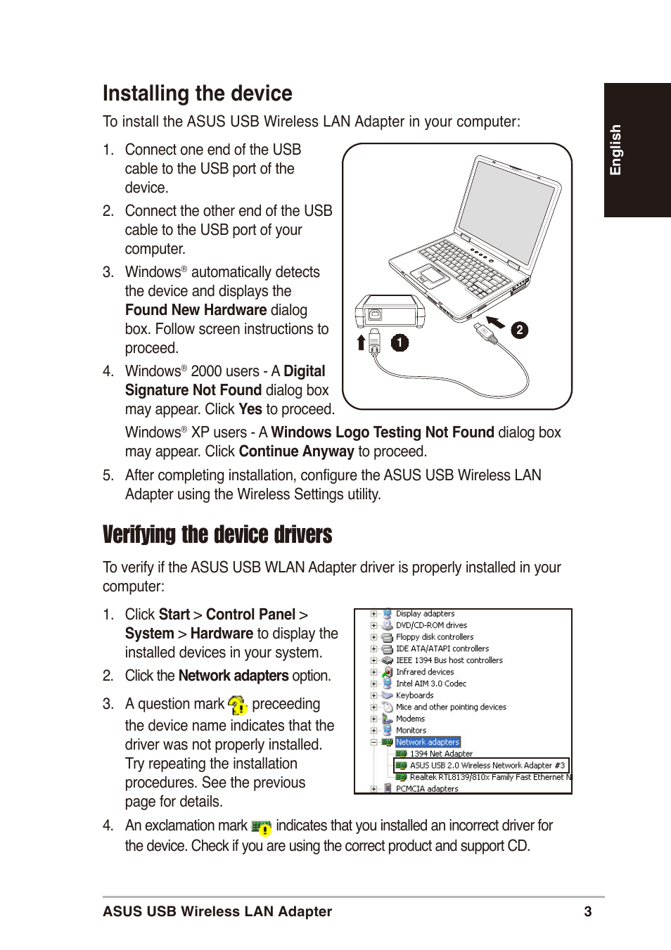 Verifying the device drivers, Installing the device | Asus WL-160g User Manual | Page 3 / 10