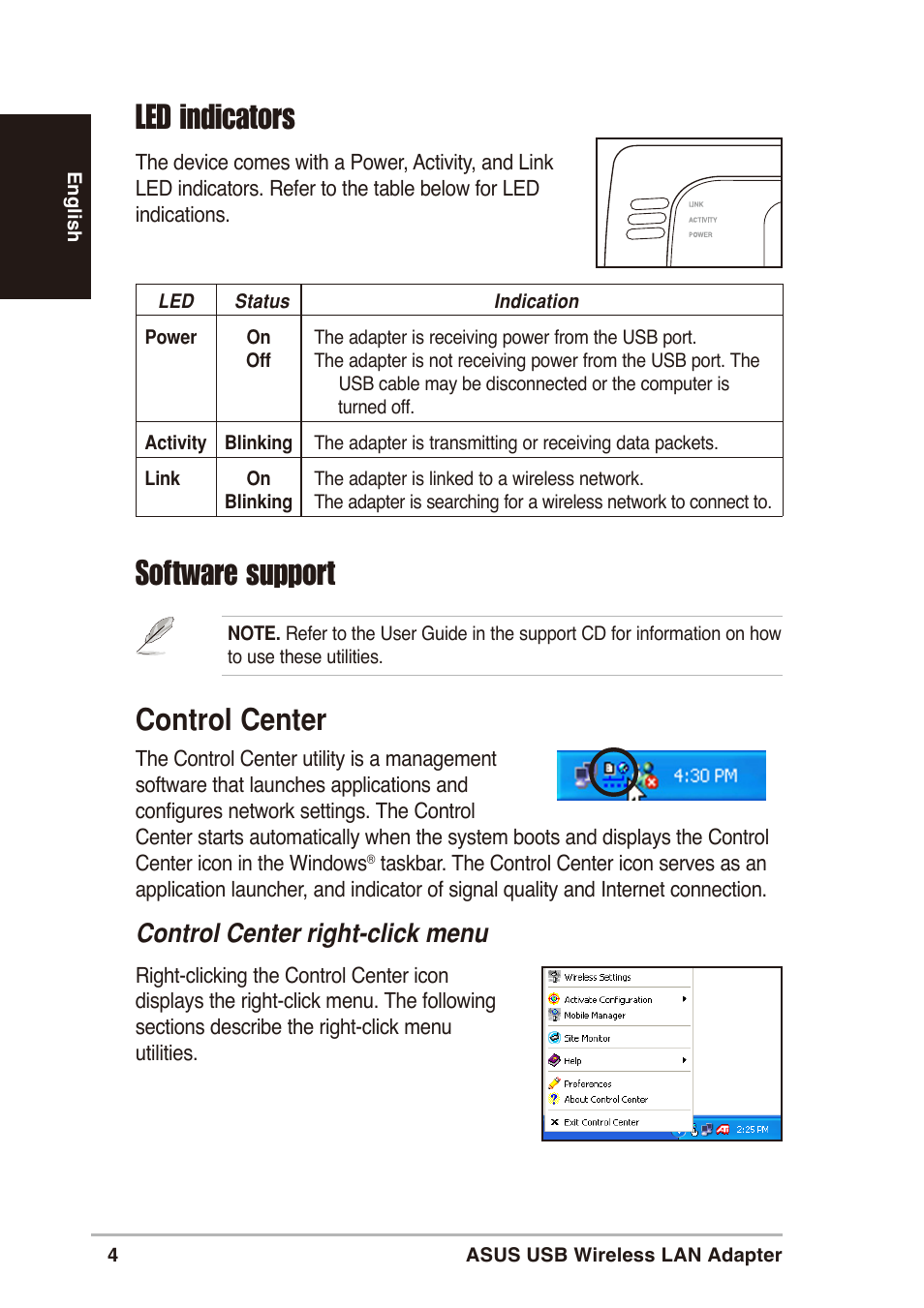 Led indicators, Software support, Control center | Control center right-click menu | Asus WL-160g User Manual | Page 4 / 10