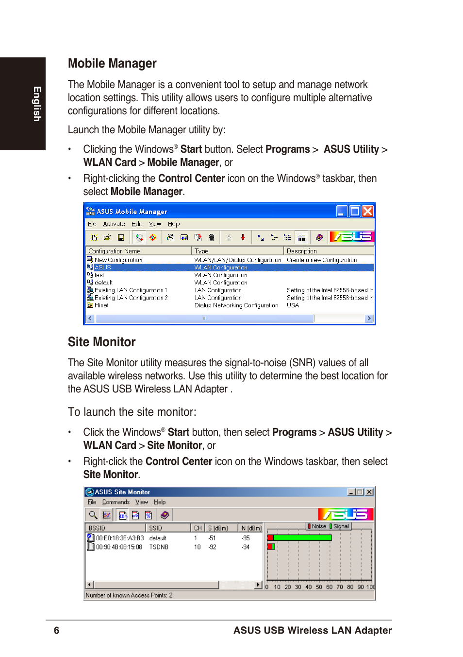 Site monitor, Mobile manager | Asus WL-160g User Manual | Page 6 / 10