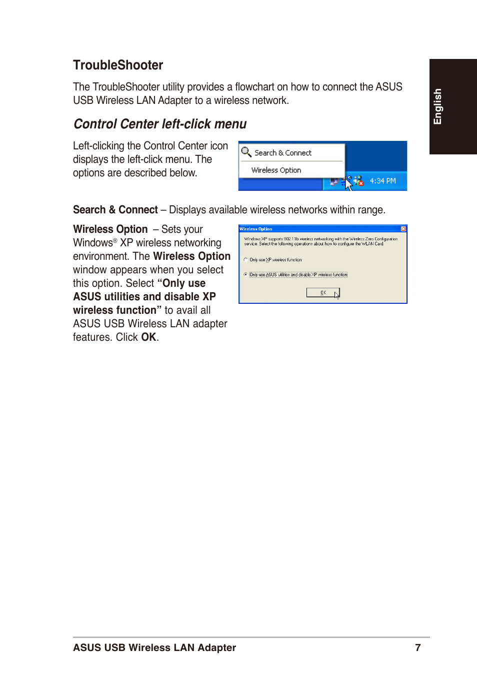 Troubleshooter, Control center left-click menu | Asus WL-160g User Manual | Page 7 / 10