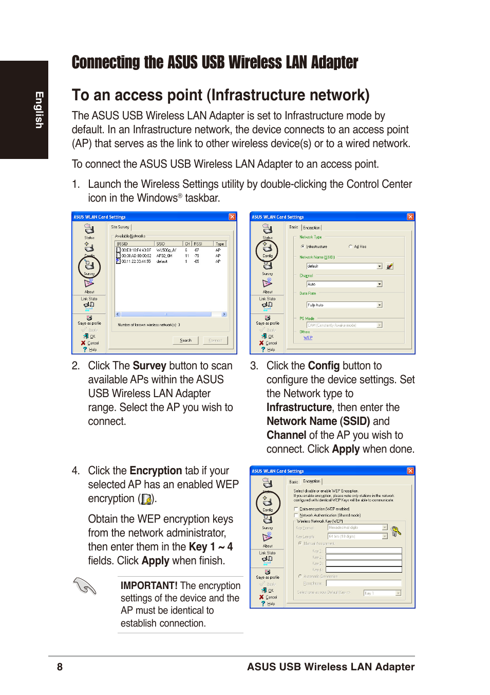Connecting the asus usb wireless lan adapter | Asus WL-160g User Manual | Page 8 / 10