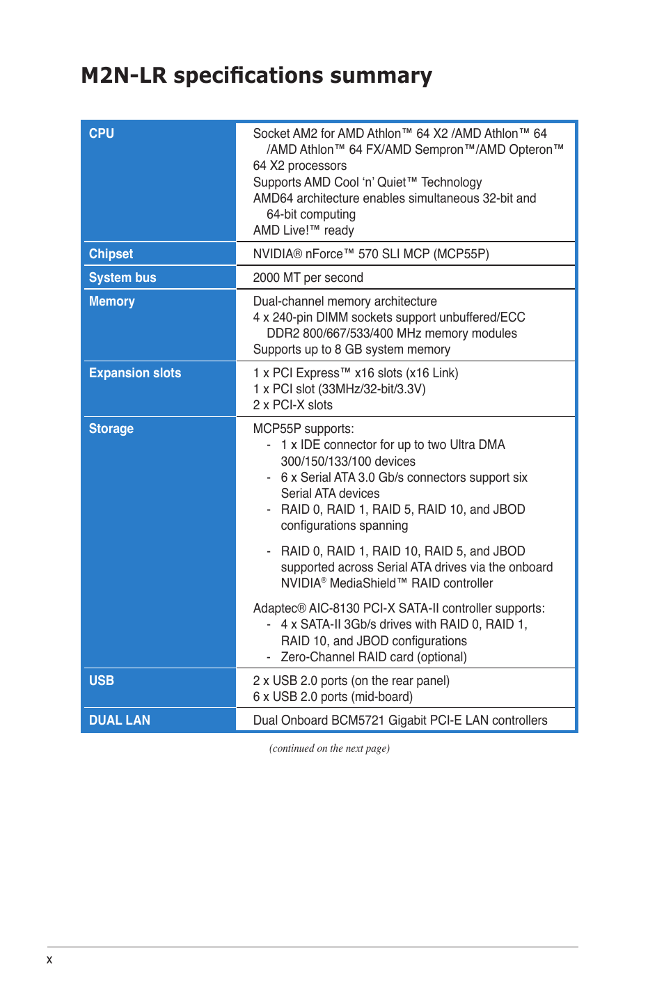 M2n-lr specifications summary | Asus M2N-LR/SATA User Manual | Page 10 / 113
