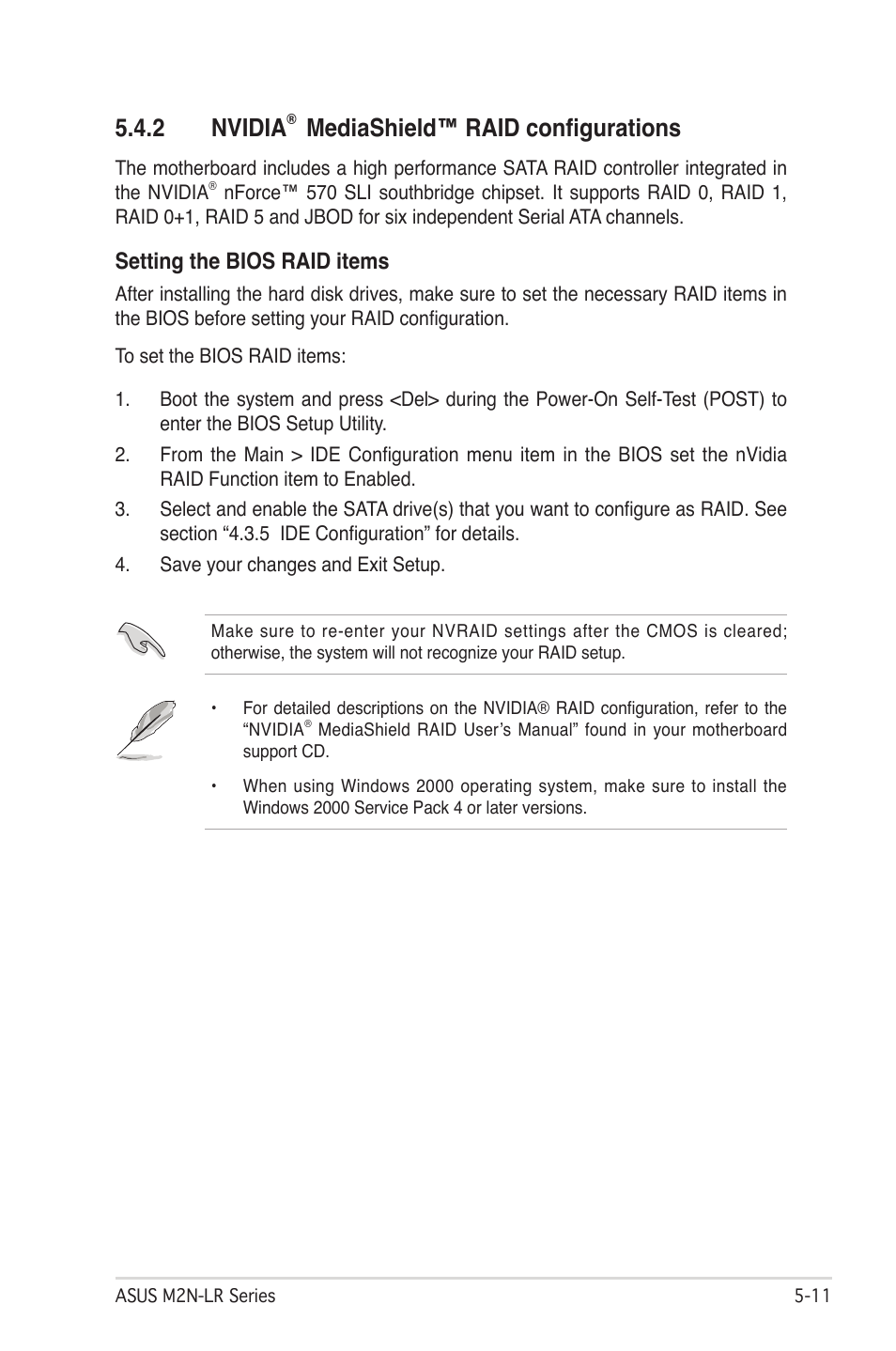 2 nvidia, Mediashield™ raid configurations, Setting the bios raid items | Asus M2N-LR/SATA User Manual | Page 106 / 113