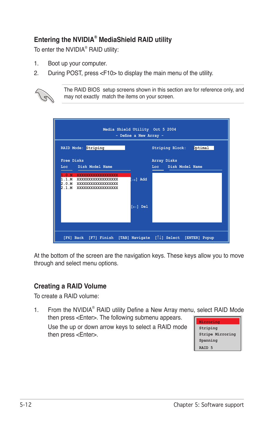 Entering the nvidia, Mediashield raid utility, Creating a raid volume | Asus M2N-LR/SATA User Manual | Page 107 / 113