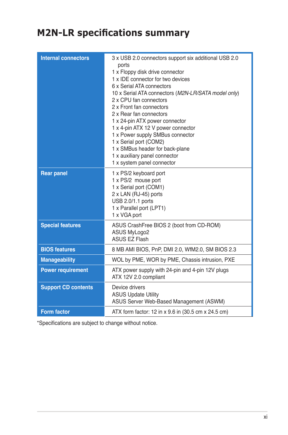 M2n-lr specifications summary | Asus M2N-LR/SATA User Manual | Page 11 / 113