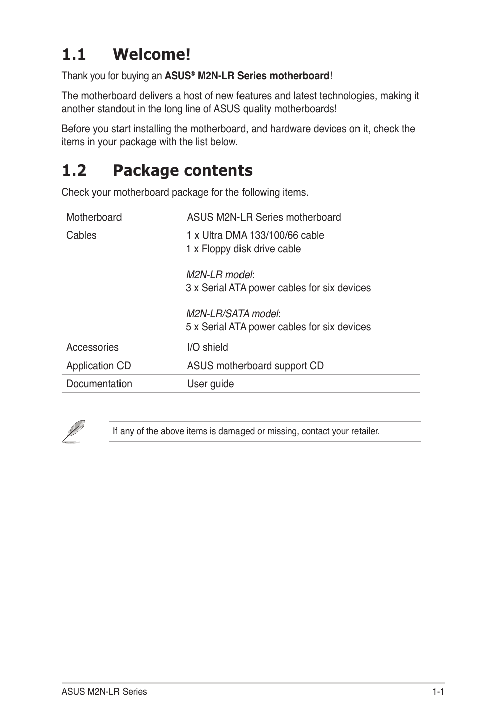 1 welcome, 2 package contents | Asus M2N-LR/SATA User Manual | Page 14 / 113