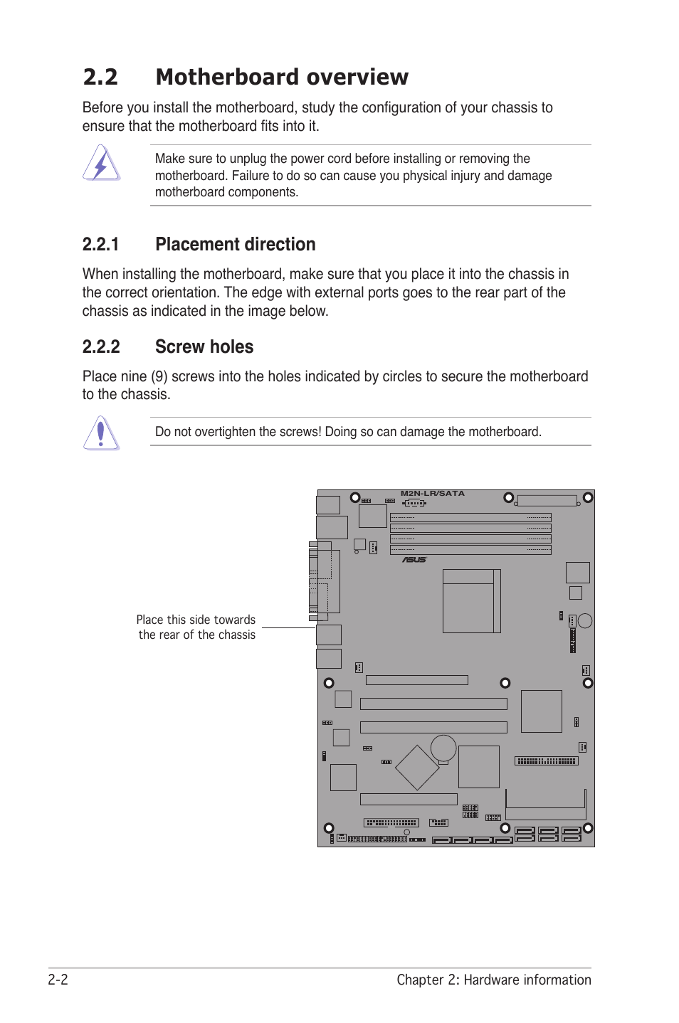 2 motherboard overview, 1 placement direction, 2 screw holes | Asus M2N-LR/SATA User Manual | Page 21 / 113