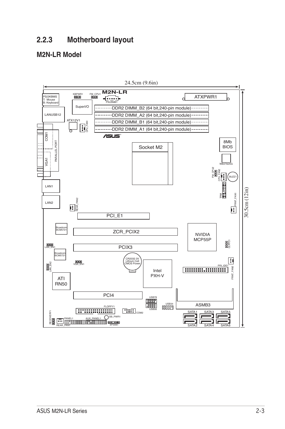 3 motherboard layout, M2n-lr model, Asus m2n-lr series 2 | 5cm (9.6in), 5cm (12in), Socket m2, Atxpwr1, M2n-lr, Asmb3, Nvidia mcp55p intel pxh-v | Asus M2N-LR/SATA User Manual | Page 22 / 113