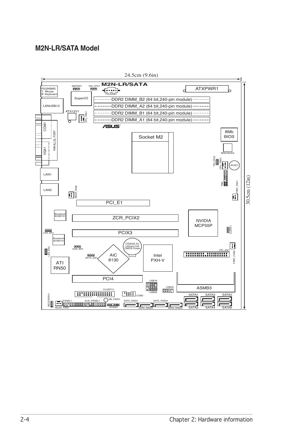 M2n-lr/sata model,  chapter 2: hardware information, 5cm (12in) | 5cm (9.6in), Socket m2, Atxpwr1, M2n-lr/sata | Asus M2N-LR/SATA User Manual | Page 23 / 113