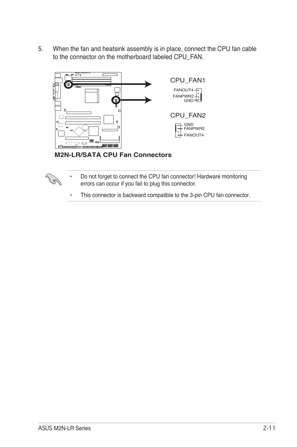 M2n-lr/sata cpu fan connectors, Cpu_fan1, Cpu_fan2 | Asus M2N-LR/SATA User Manual | Page 30 / 113