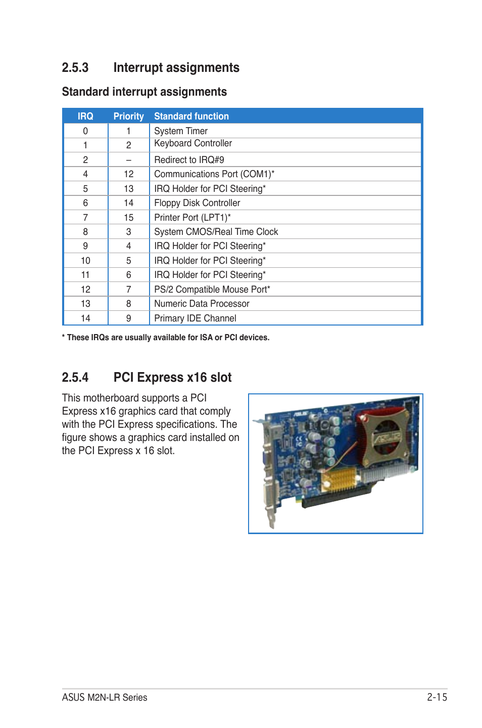 3 interrupt assignments, 4 pci express x16 slot, Standard interrupt assignments | Asus M2N-LR/SATA User Manual | Page 34 / 113