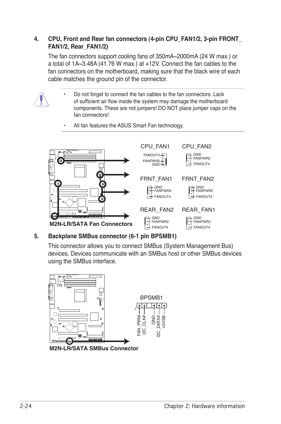 2 chapter 2: hardware information, M2n-lr/sata fan connectors, Cpu_fan1 | Cpu_fan2, Frnt_fan1, Frnt_fan2, Rear_fan2, Rear_fan1, M2n-lr/sata smbus connector bpsmb1 | Asus M2N-LR/SATA User Manual | Page 43 / 113