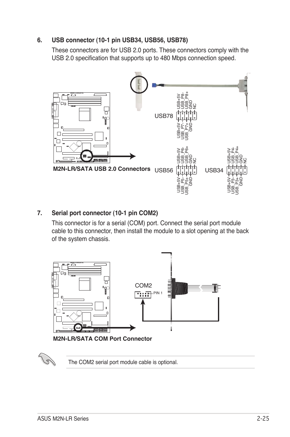 Asus m2n-lr series 2-2, The com2 serial port module cable is optional, M2n-lr/sata usb 2.0 connectors | Usb34, Usb56, Usb78, M2n-lr/sata com port connector, Com2 | Asus M2N-LR/SATA User Manual | Page 44 / 113