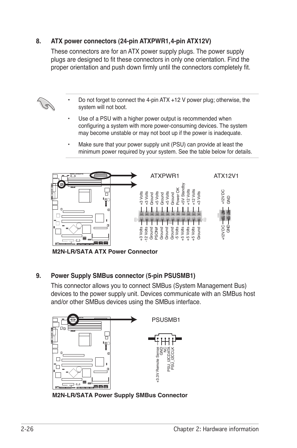 2 chapter 2: hardware information, M2n-lr/sata atx power connector, Atxpwr1 atx12v1 | M2n-lr/sata power supply smbus connector psusmb1 | Asus M2N-LR/SATA User Manual | Page 45 / 113