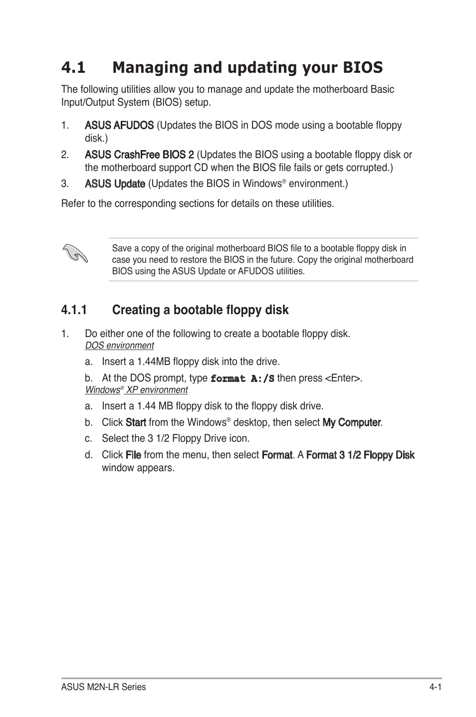 1 managing and updating your bios, 1 creating a bootable floppy disk | Asus M2N-LR/SATA User Manual | Page 54 / 113