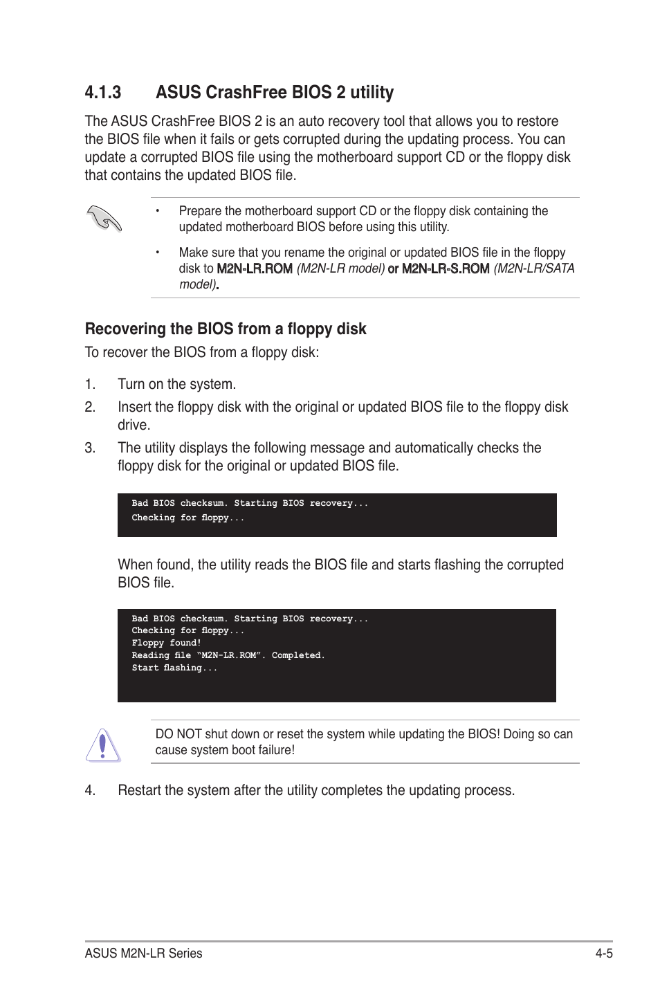 3 asus crashfree bios 2 utility, Recovering the bios from a floppy disk | Asus M2N-LR/SATA User Manual | Page 58 / 113