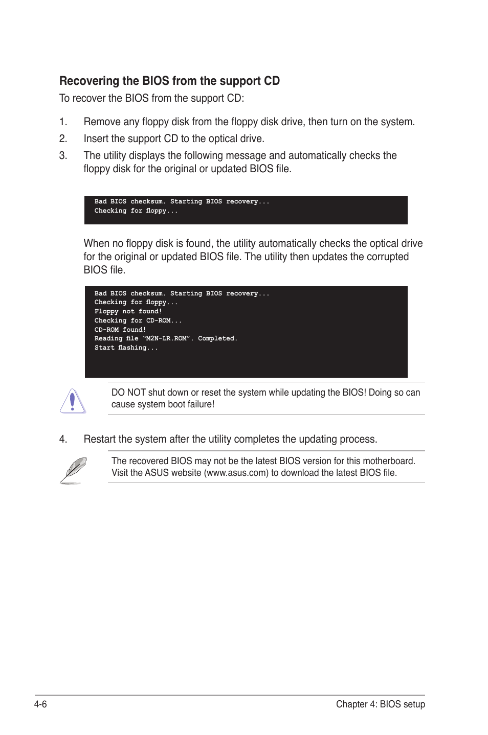 Recovering the bios from the support cd | Asus M2N-LR/SATA User Manual | Page 59 / 113