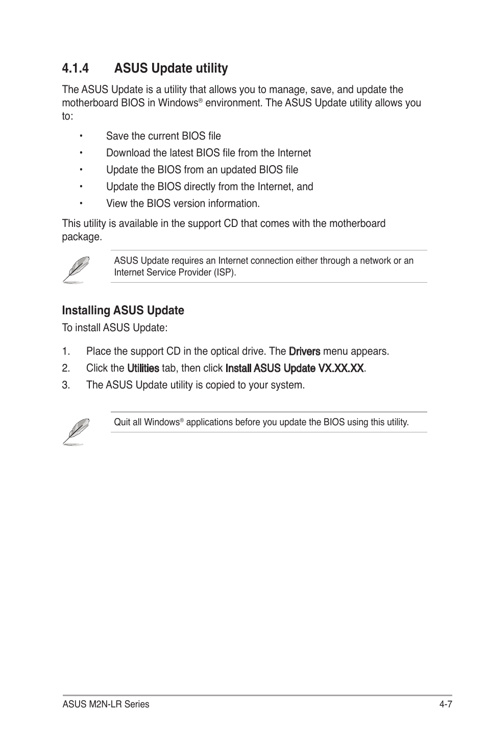 4 asus update utility, Installing asus update | Asus M2N-LR/SATA User Manual | Page 60 / 113