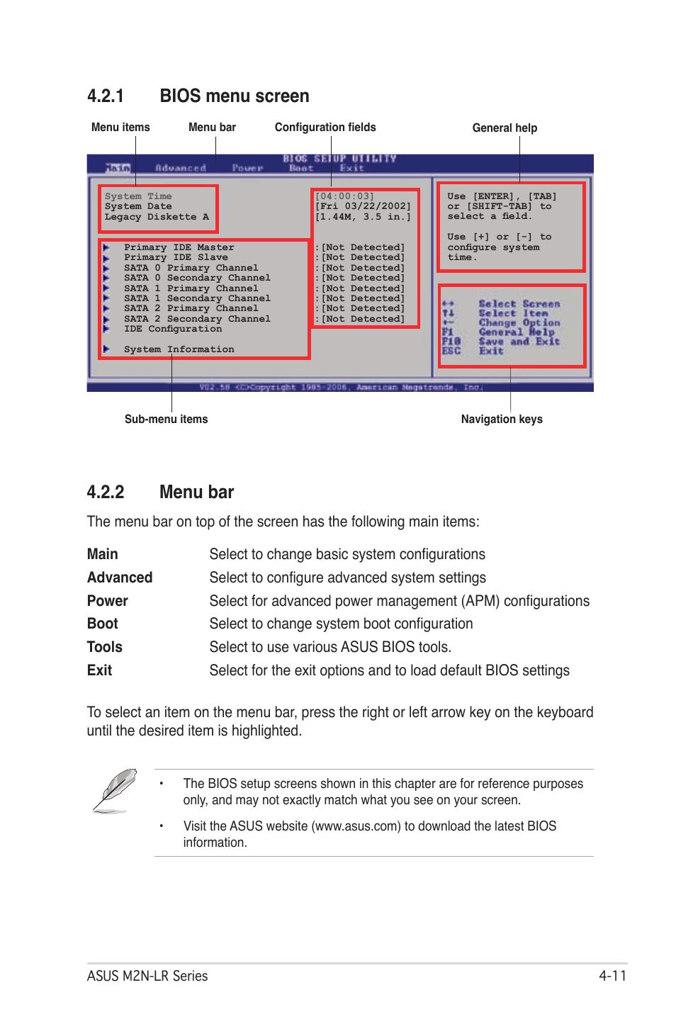 1 bios menu screen 4.2.2 menu bar | Asus M2N-LR/SATA User Manual | Page 64 / 113