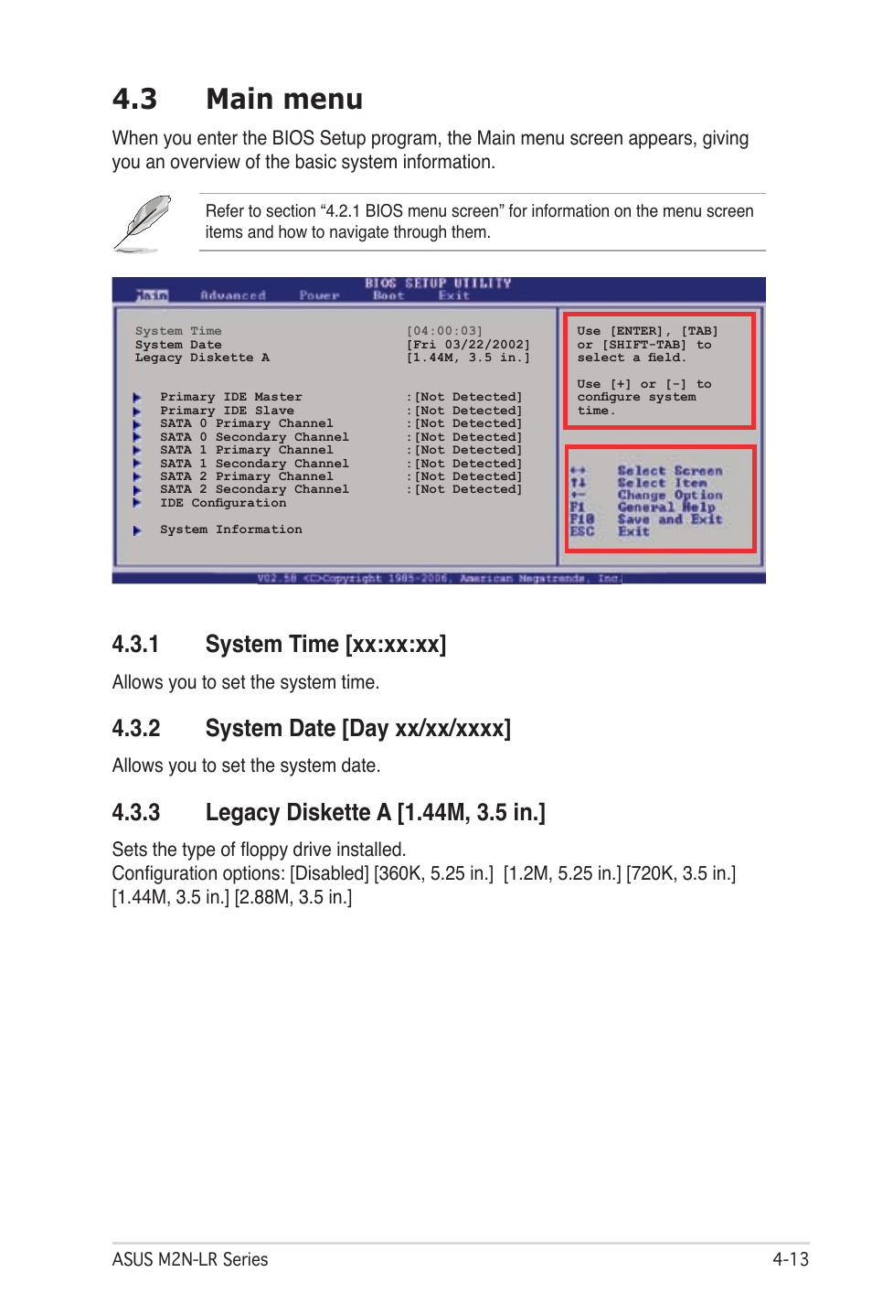 3 main menu, 1 system time [xx:xx:xx, Allows you to set the system time | Allows you to set the system date | Asus M2N-LR/SATA User Manual | Page 66 / 113