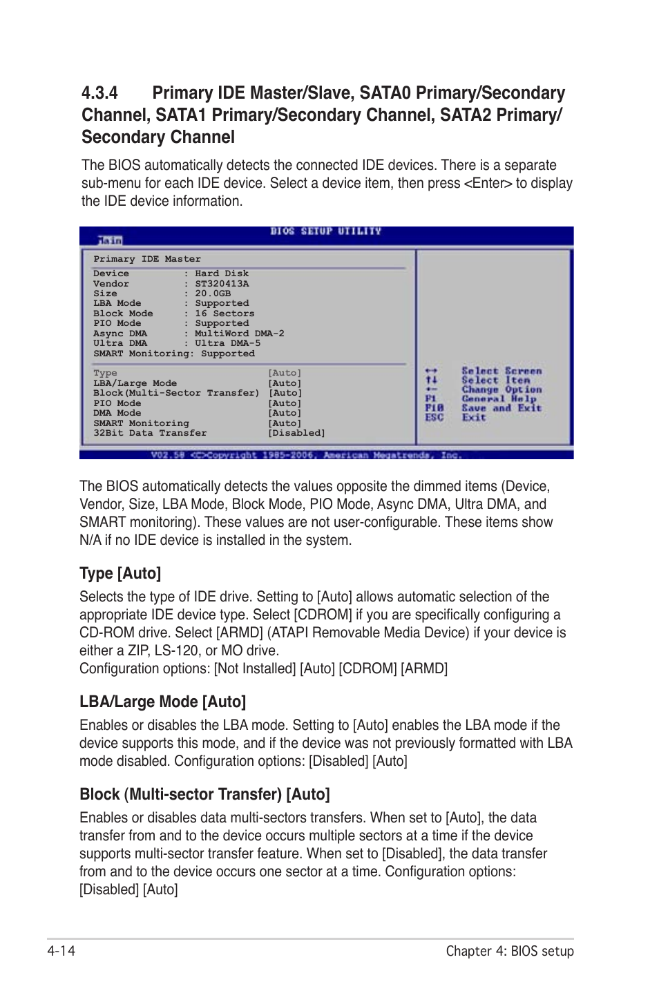 Type [auto, Lba/large mode [auto, Block (multi-sector transfer) [auto | Asus M2N-LR/SATA User Manual | Page 67 / 113