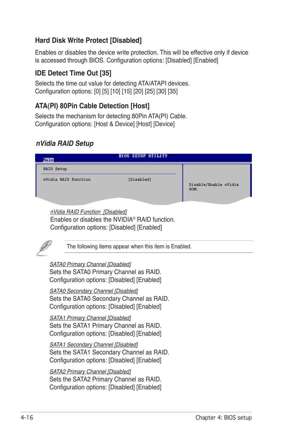 Hard disk write protect [disabled, Ide detect time out [35, Ata(pi) 80pin cable detection [host | Nvidia raid setup | Asus M2N-LR/SATA User Manual | Page 69 / 113