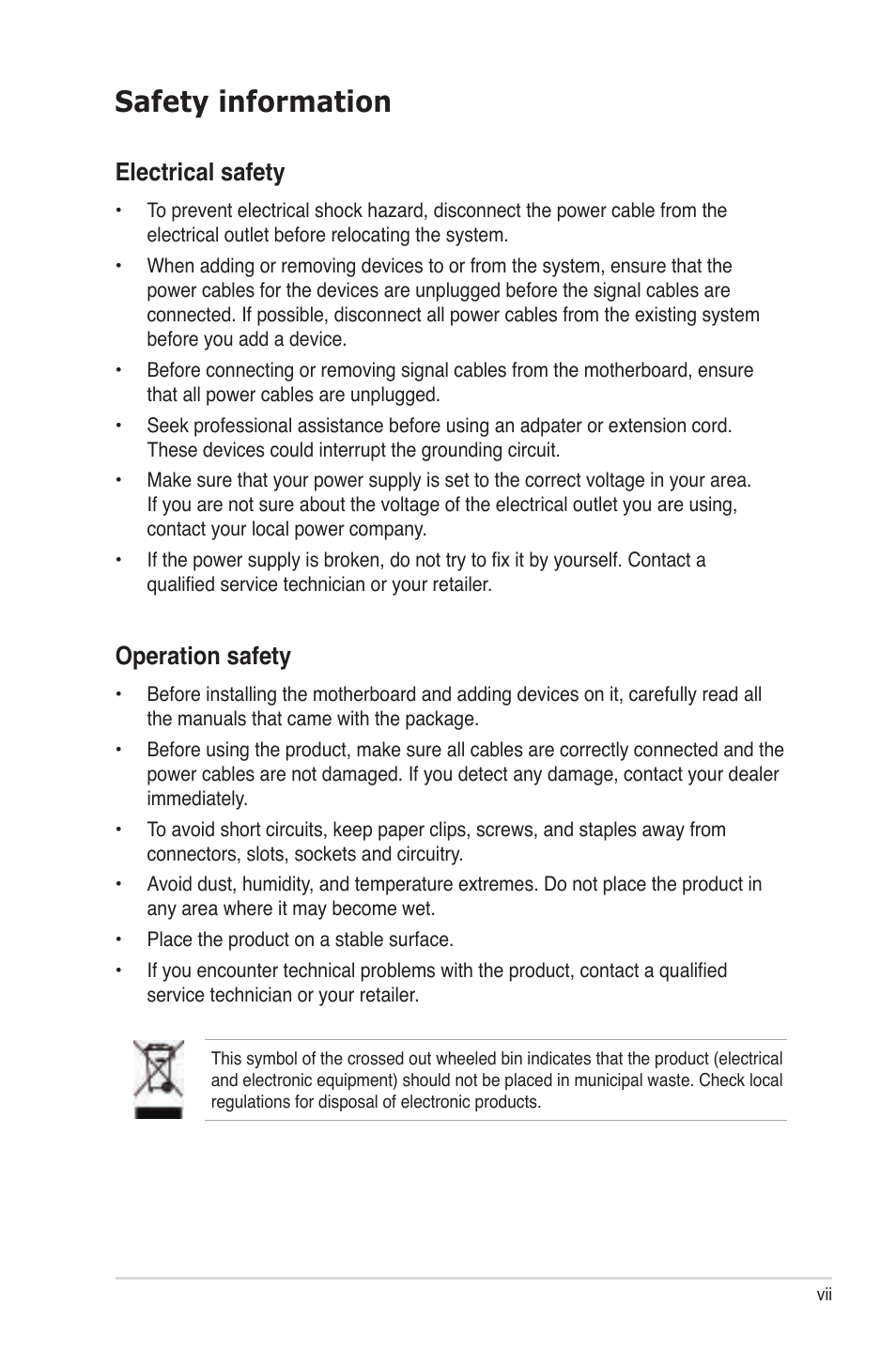 Safety information, Electrical safety, Operation safety | Asus M2N-LR/SATA User Manual | Page 7 / 113