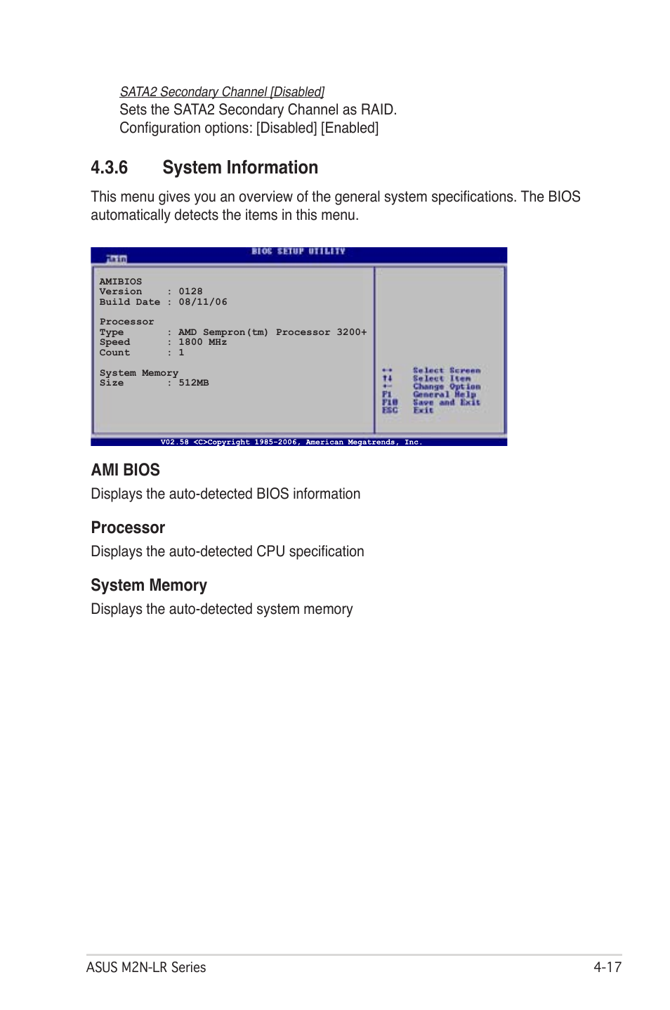 6 system information, Ami bios, Processor | Asus M2N-LR/SATA User Manual | Page 70 / 113