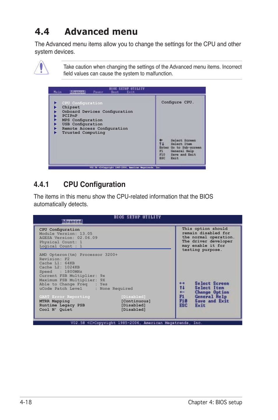 4 advanced menu, 1 cpu configuration | Asus M2N-LR/SATA User Manual | Page 71 / 113