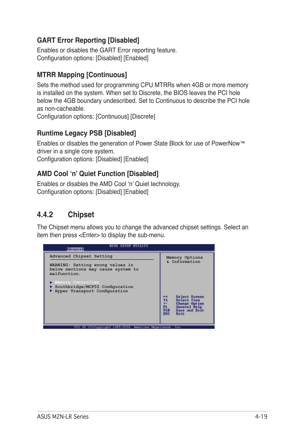 2 chipset, Gart error reporting [disabled, Mtrr mapping [continuous | Runtime legacy psb [disabled, Amd cool ‘n’ quiet function [disabled | Asus M2N-LR/SATA User Manual | Page 72 / 113