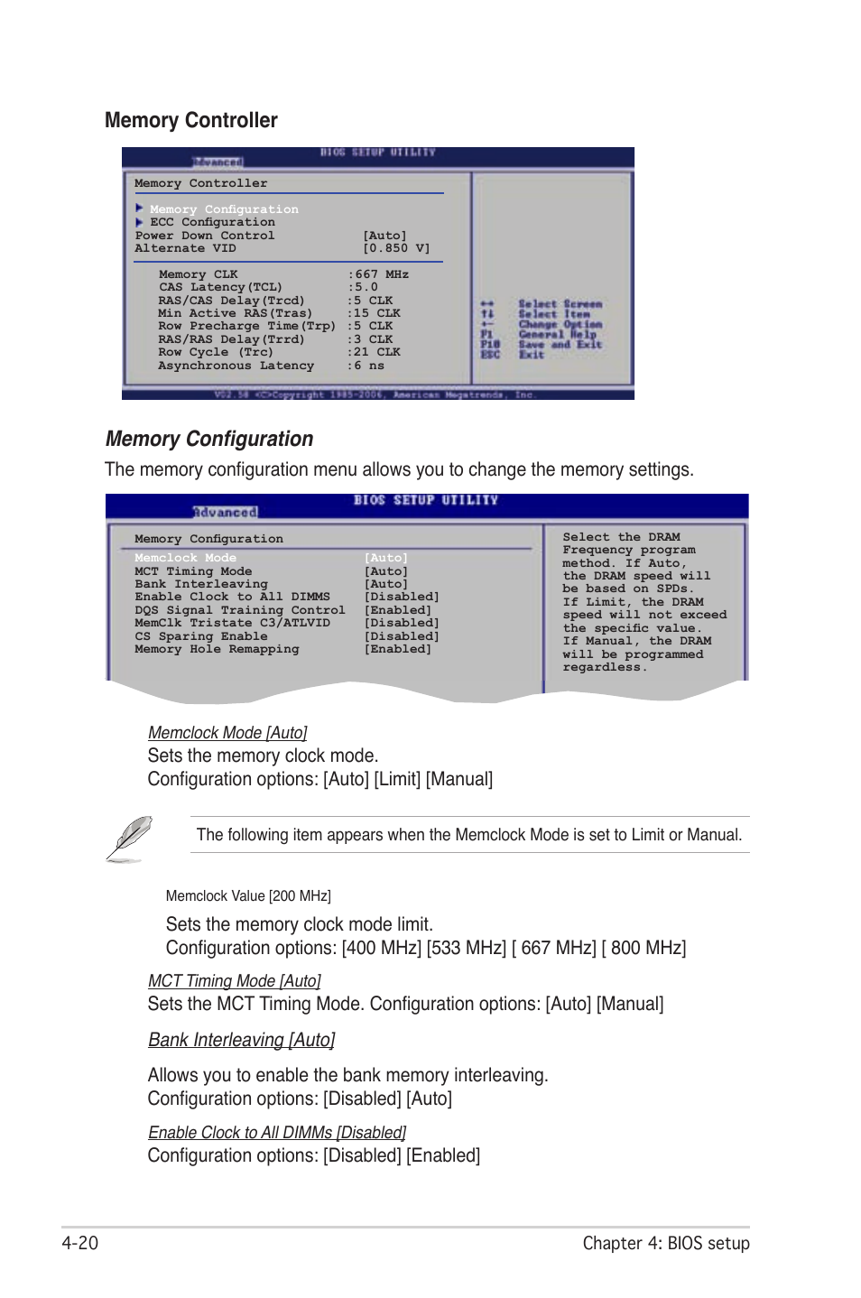 Configuration options: [disabled] [enabled, 20 chapter : bios setup, Mct timing mode [auto | Enable clock to all dimms [disabled, Memclock mode [auto | Asus M2N-LR/SATA User Manual | Page 73 / 113