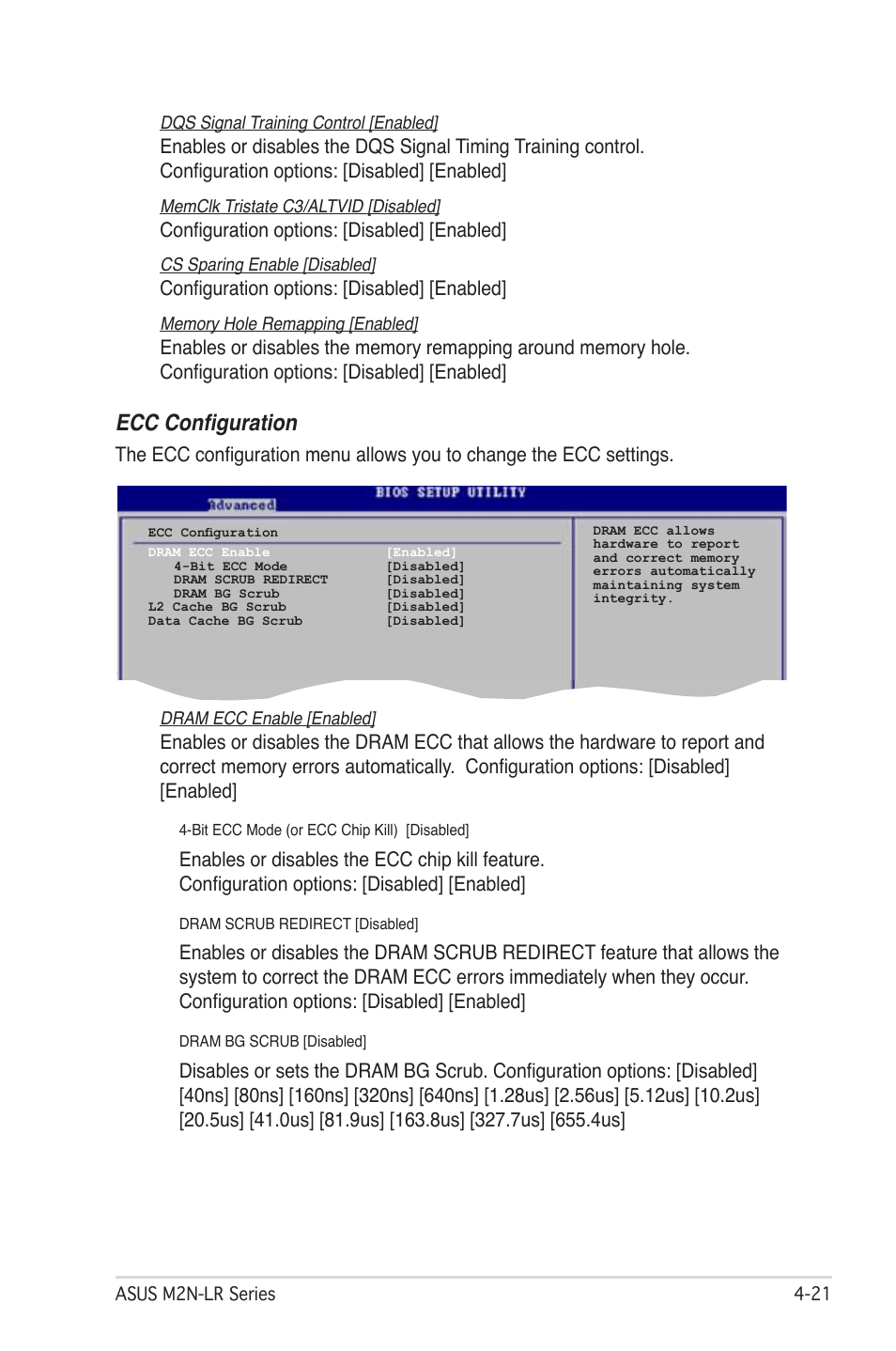 Ecc configuration, Configuration options: [disabled] [enabled | Asus M2N-LR/SATA User Manual | Page 74 / 113