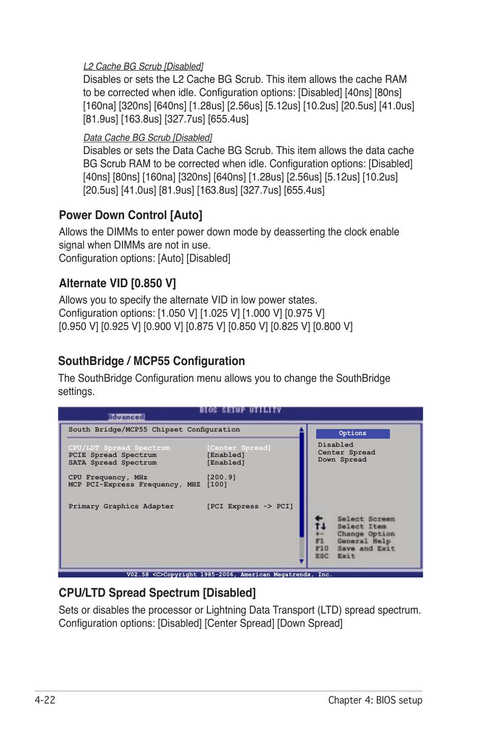 Southbridge / mcp55 configuration, Cpu/ltd spread spectrum [disabled, Power down control [auto | Alternate vid [0.850 v | Asus M2N-LR/SATA User Manual | Page 75 / 113